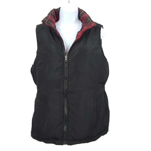 In Style We Trust NY Reversible Zip Puffer Vest Womens M Red Tartan Plaid Black - Picture 2 of 16